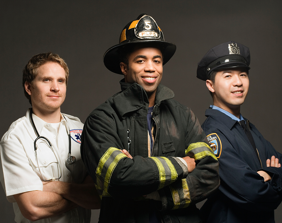 Frist Responders EMT, Fireman, and Cop smiling